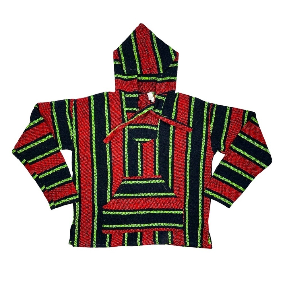 Vintage Mexican Baja Hoodie Pullover – Red / Black / Green – Size M